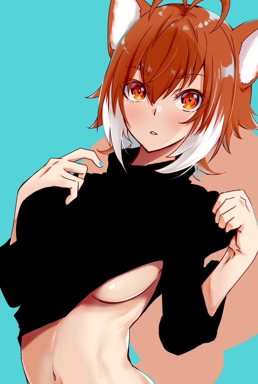 1girl absurdres animal_ears antenna_hair blazblue blush breasts brown_eyes brown_hair chukachuka highres large_breasts looking_at_viewer makoto_nanaya navel open_mouth short_hair simple_background solo squirrel_ears squirrel_girl squirrel_tail tail white_hair