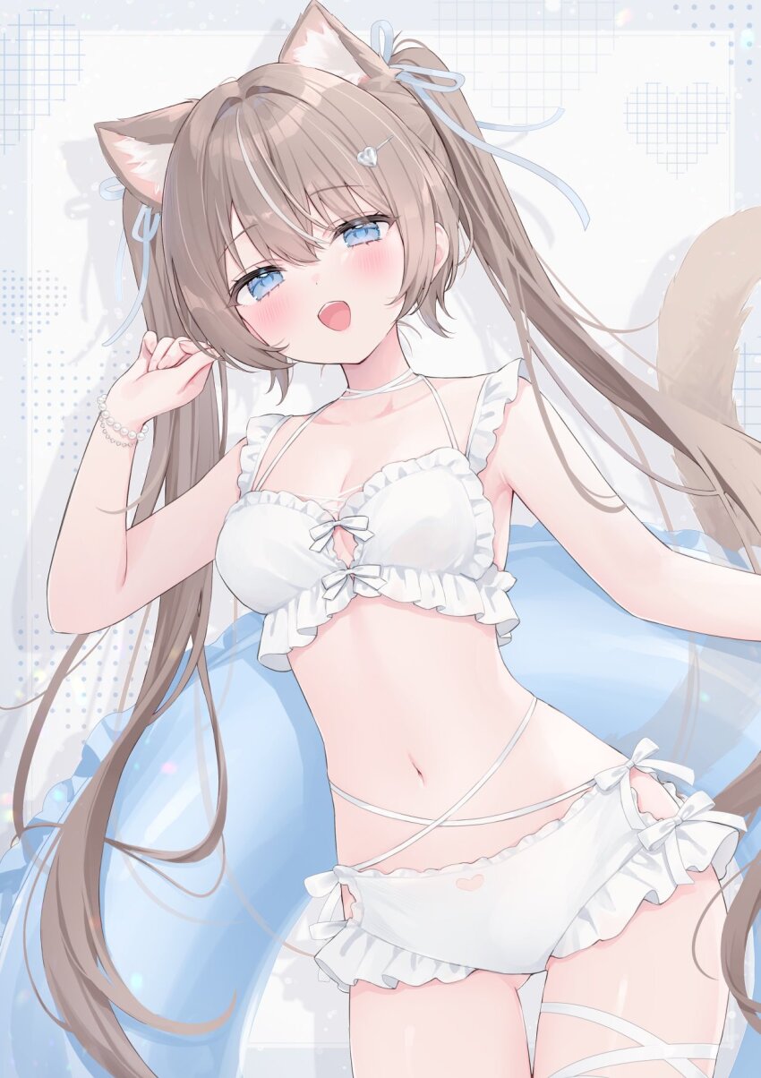 1girl animal_ear_fluff animal_ears arm_up bikini blue_eyes blush bow bracelet cat_ears cleavage_cutout clenched_hand clothing_cutout collarbone commentary dot_nose frilled_bikini frills gluteal_fold grey_ribbon hair_between_eyes hair_ornament hair_ribbon heart heart_cutout heart_hair_ornament heart_print highres jewelry light_brown_hair long_hair looking_at_viewer navel open_mouth original ribbon shano_hiyori solo swim_ring swimsuit symbol-only_commentary twintails upper_body very_long_hair white_bikini white_bow