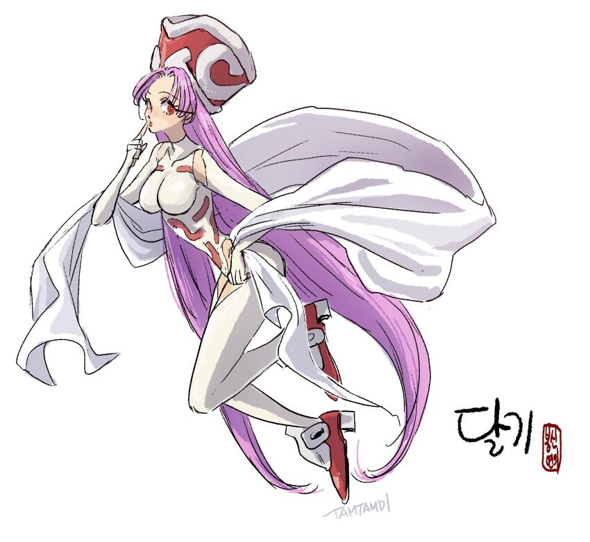 1girl breasts collarbone detached_sleeves eyelashes full_body hat highres houshin_engi large_breasts leotard long_hair looking_at_viewer parted_lips pink_hair red_eyes red_footwear red_hat signature simple_background so_dakki solo tamtamdi thighhighs very_long_hair white_background white_leotard white_sleeves white_thighhighs