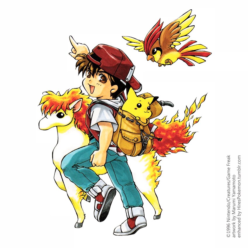 1990s_(style) absurdres backwards_hat black_dress blue_pants brown_hair creatures_(company) dress game_freak gen_1_pokemon happy hat highres jacket looking_at_viewer nintendo open_mouth pants pidgeotto pikachu pointing pokemon pokemon_rgby ponyta red_(pokemon) red_jacket retro_artstyle shoes