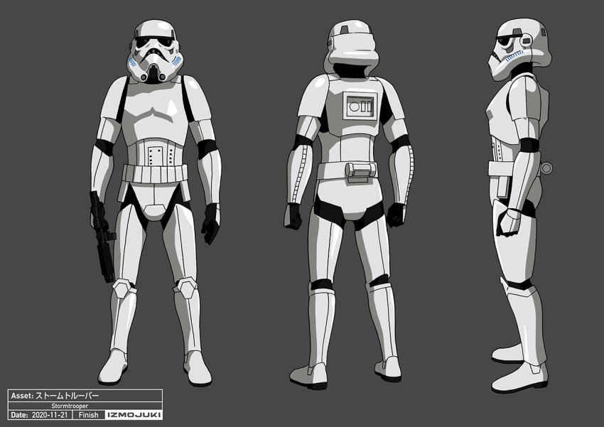 1boy armor artist_name black_gloves character_name character_sheet clenched_hands commentary dated english_commentary galactic_empire_(star_wars) gloves gun helmet holding holding_gun holding_weapon multiple_views okubo_junji open_hand star_wars star_wars:_visions stormtrooper weapon