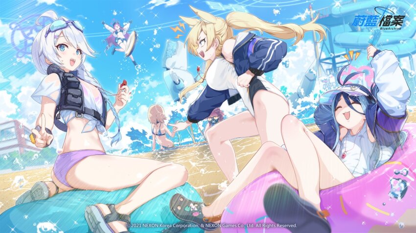 6+girls air_bubble animal_ears bikini bikini_visible_through_clothes blonde_hair blue_archive blue_hair blue_sky bubble cloud cloudy_sky dark_blue_hair extra_ears fubuki_(blue_archive) fubuki_(swimsuit)_(blue_archive) halo highres kanna_(blue_archive) kanna_(swimsuit)_(blue_archive) kirino_(blue_archive) kirino_(swimsuit)_(blue_archive) long_hair looking_at_viewer multiple_girls official_art ohland one-piece_swimsuit open_clothes open_mouth outdoors purple_armband purple_bikini sandals see-through_clothes see-through_shirt shirt sky smile sports_sandals swim_goggles swim_ring swimsuit wet wet_clothes wet_shirt whistle whistle_around_neck white_hair white_one-piece_swimsuit