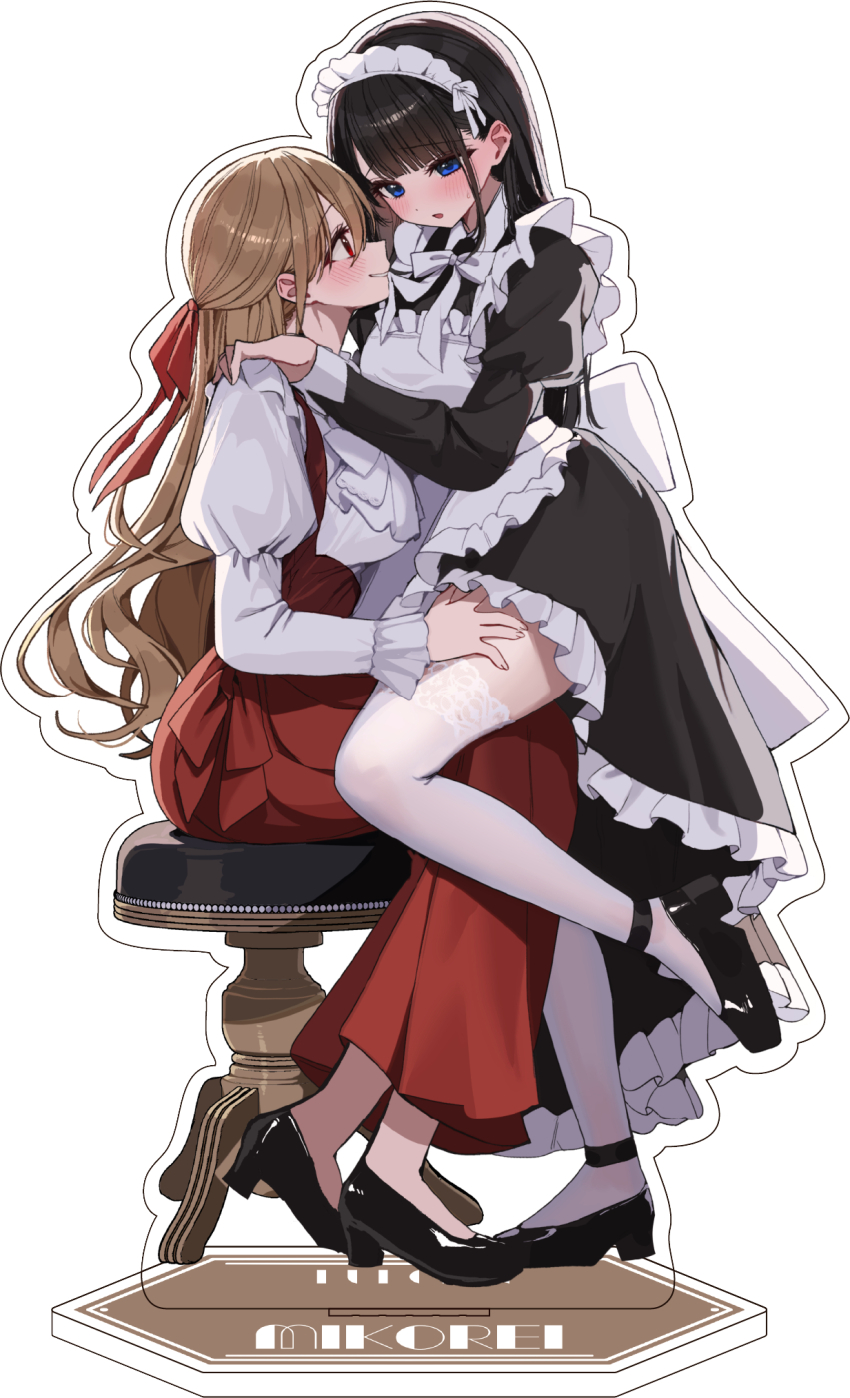 2girls acrylic_stand_(medium) akatsuki_mikoto aoi_rei apron black_dress black_footwear black_hair blue_eyes blush brown_hair closed_mouth commentary_request dress hair_ribbon hand_on_another&#039;s_shoulder hand_on_another&#039;s_thigh highres juliet_sleeves kudo_eru long_hair long_sleeves maid maid_apron maid_headdress multiple_girls original parted_lips pinafore_dress puffy_sleeves red_dress red_ribbon ribbon shirt simple_background sitting sitting_on_lap sitting_on_person sleeveless sleeveless_dress smile thighhighs white_apron white_background white_headdress white_shirt white_thighhighs yuri