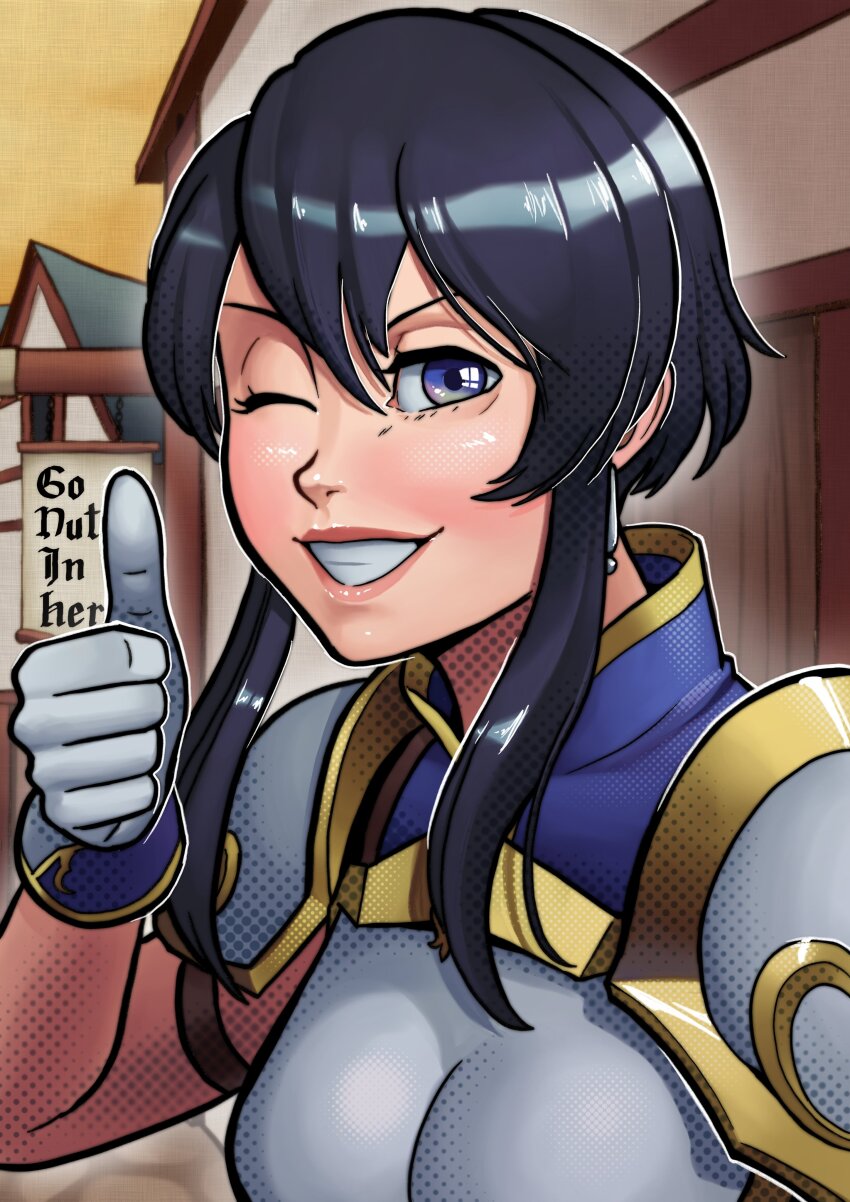 absurdres armor black_hair blush breastplate commission commissioner_upload earrings english_text fire_emblem fire_emblem:_genealogy_of_the_holy_war gloves highres jewelry larcei_(fire_emblem) looking_at_viewer nintendo one_eye_closed outdoors purple_tunic razillon short_hair shoulder_armor sidelocks sign smile smug teeth thumbs_up tomboy town tunic upper_body