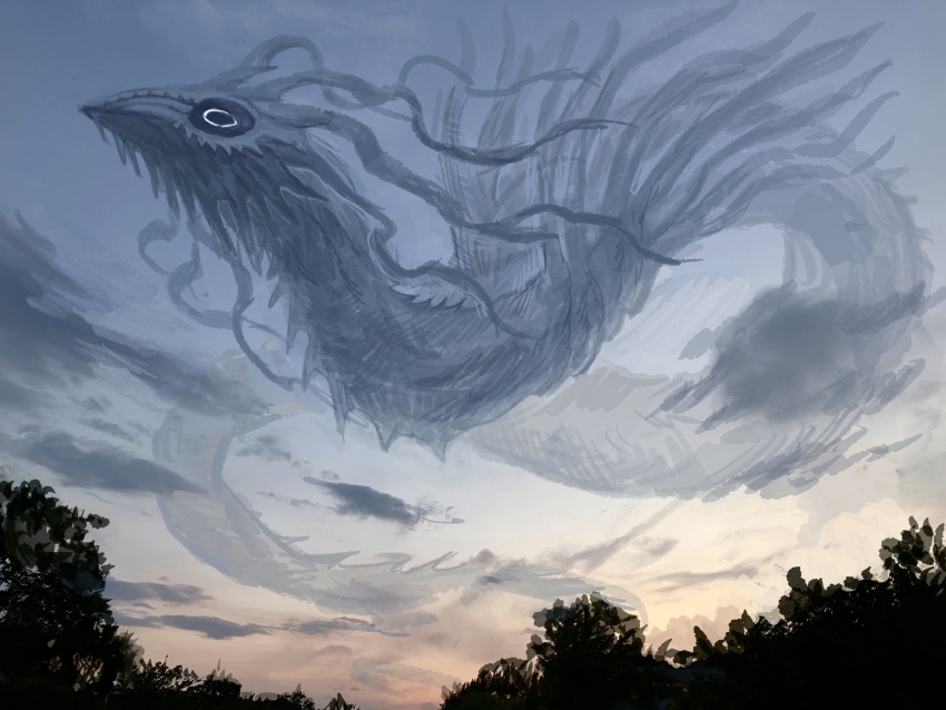 absurdres animal_focus black_sclera blue_sky cloud colored_sclera flying giant giant_monster gradient_sky highres keselum_(neganeura) monster no_humans original outdoors scenery sky solo