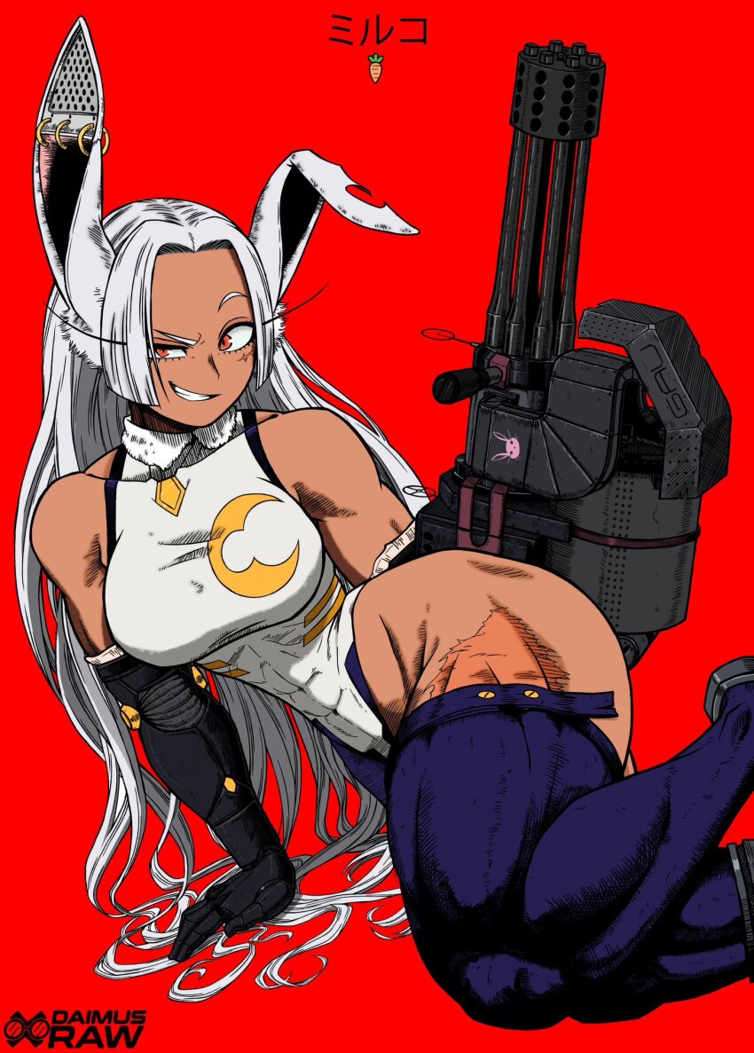 1girl animal_ears animal_print artist_collaboration artist_name bare_shoulders boku_no_hero_academia breasts chain_gun character_name colorized commentary covered_abs covered_collarbone covered_navel crescent_print daimus_raw dark-skinned_female dark_skin earrings english_commentary grin hand_rest highleg highleg_leotard highres jewelry large_breasts leotard long_eyelashes long_hair looking_at_viewer mechanical_arms mechanical_ears mirko mirkosimps notched_ear parted_bangs purple_thighhighs rabbit_ears rabbit_girl rabbit_print raised_eyebrow red_background red_eyes scar scar_on_face scar_on_leg sitting smile solo taut_leotard thick_thighs thighhighs thighs toned toned_female uneven_eyes very_long_hair white_hair white_leotard yokozuwari