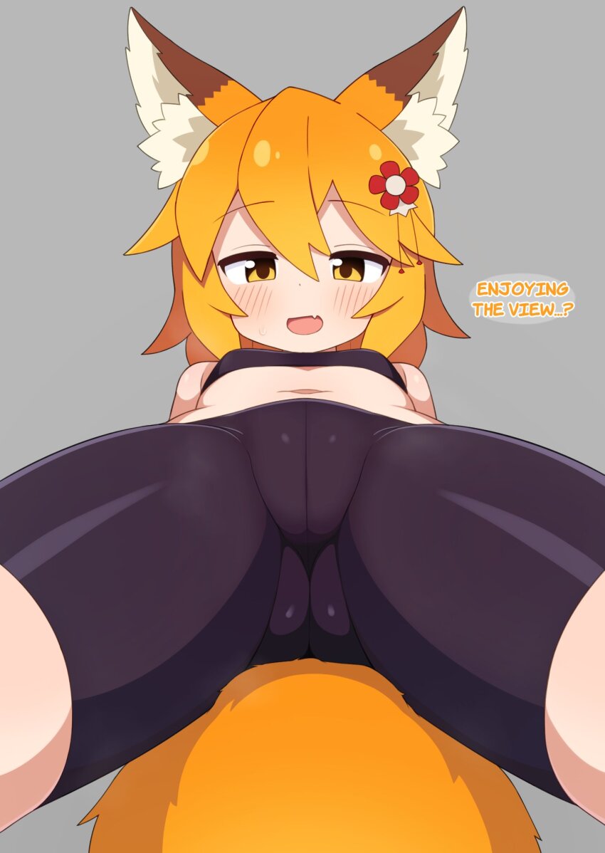 1girl :d animal_ear_fluff animal_ears ass bike_shorts black_tube_top breasts cameltoe commentary cowboy_shot crotch_focus english_commentary fang fox_ears fox_girl fox_tail from_below grey_background half-closed_eyes highres looking_at_viewer mikoscrub open_mouth senko_(sewayaki_kitsune_no_senko-san) sewayaki_kitsune_no_senko-san simple_background skin_fang skin_tight small_breasts smile solo steaming_body strapless tail thighs tube_top yellow_eyes