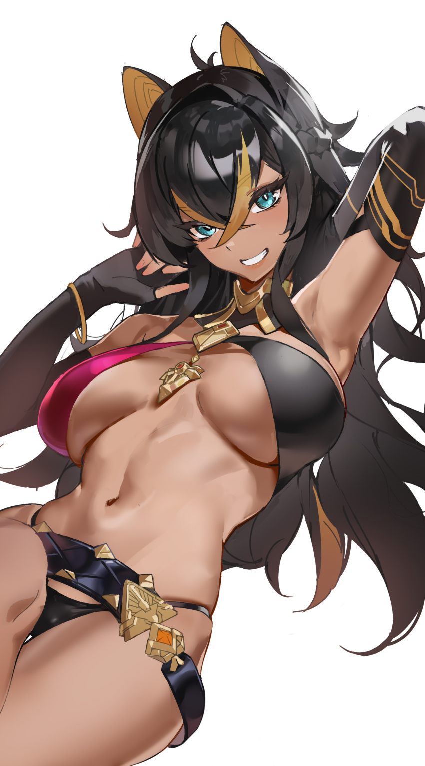 1girl absurdres animal_ears arm_up armpits bare_shoulders black_hair blonde_hair blue_eyes breasts crossed_bangs crossed_legs dark-skinned_female dark_skin dehya_(genshin_impact) earrings elbow_gloves genshin_impact gloves gold_choker grin hair_between_eyes hair_ears hand_on_own_face highres jewelry large_breasts long_hair looking_at_viewer multicolored_hair navel pointy_hair runfufu smile solo stomach streaked_hair two-tone_hair underboob white_background