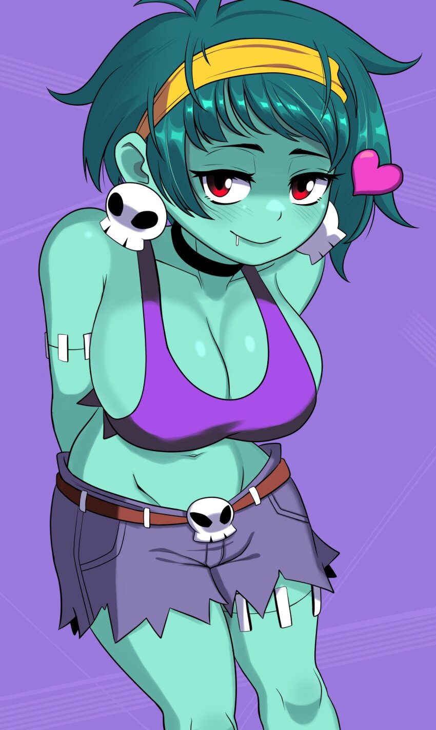 1girl arms_up bare_shoulders belt blush breasts cleavage colored_skin crop_top earrings green_hair green_skin half-closed_eyes heart highres jewelry large_breasts legs midriff navel ninelean red_eyes rottytops shantae_(series) short_hair short_shorts shorts skull_earrings sleeveless smile tank_top thighs zombie