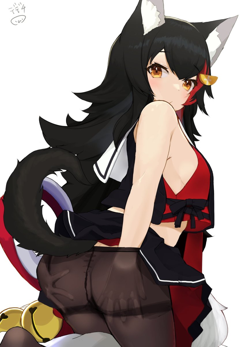 1girl animal_ear_fluff animal_ears artist_logo ass bell black_hair breasts brown_eyes brown_pantyhose crop_top crop_top_overhang grabbing_own_ass hair_ornament hands_in_pantyhose highres hololive jingle_bell long_hair looking_at_viewer looking_back medium_breasts multicolored_hair nejime on_bed ookami_mio ookami_mio_(1st_costume) pantyhose sailor_collar seiza sideboob simple_background sitting sleeveless solo streaked_hair tail thighband_pantyhose thighs virtual_youtuber white_background wolf_ears wolf_tail