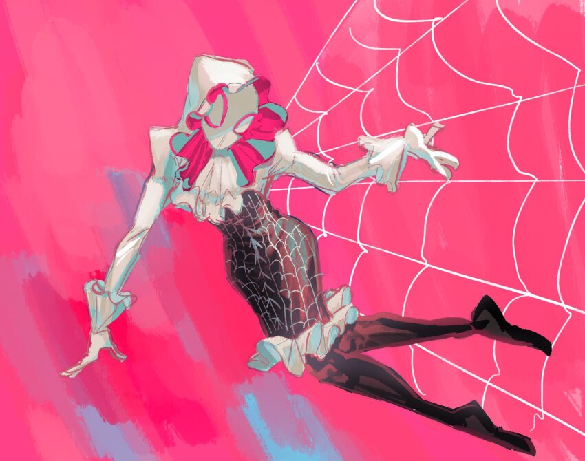 1girl 28977_pom adapted_costume black_thighhighs frilled_gloves frilled_hood frills gloves hood juliet_sleeves long_sleeves marvel pink_background puffy_sleeves silk spider-gwen spider-man_(series) spider-verse spider_web spider_web_print thighhighs white_hood