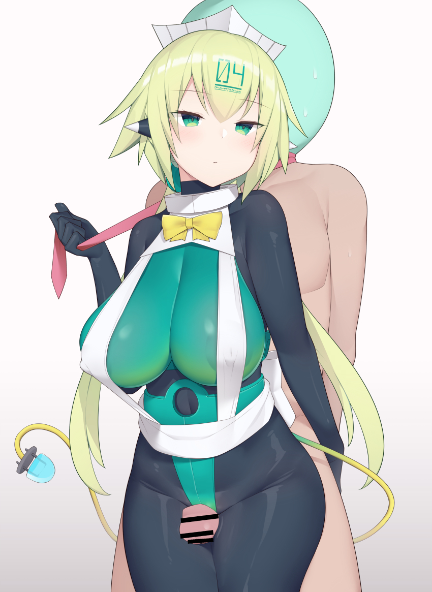 1boy 1girl absurdres arapi bar_censor bombergirl breasts censored clothed_female_nude_male clothed_sex covered_erect_nipples emera_(bombergirl) from_behind green_eyes green_hair highres large_breasts large_penis long_hair nude penis robot robot_girl rubbing twintails