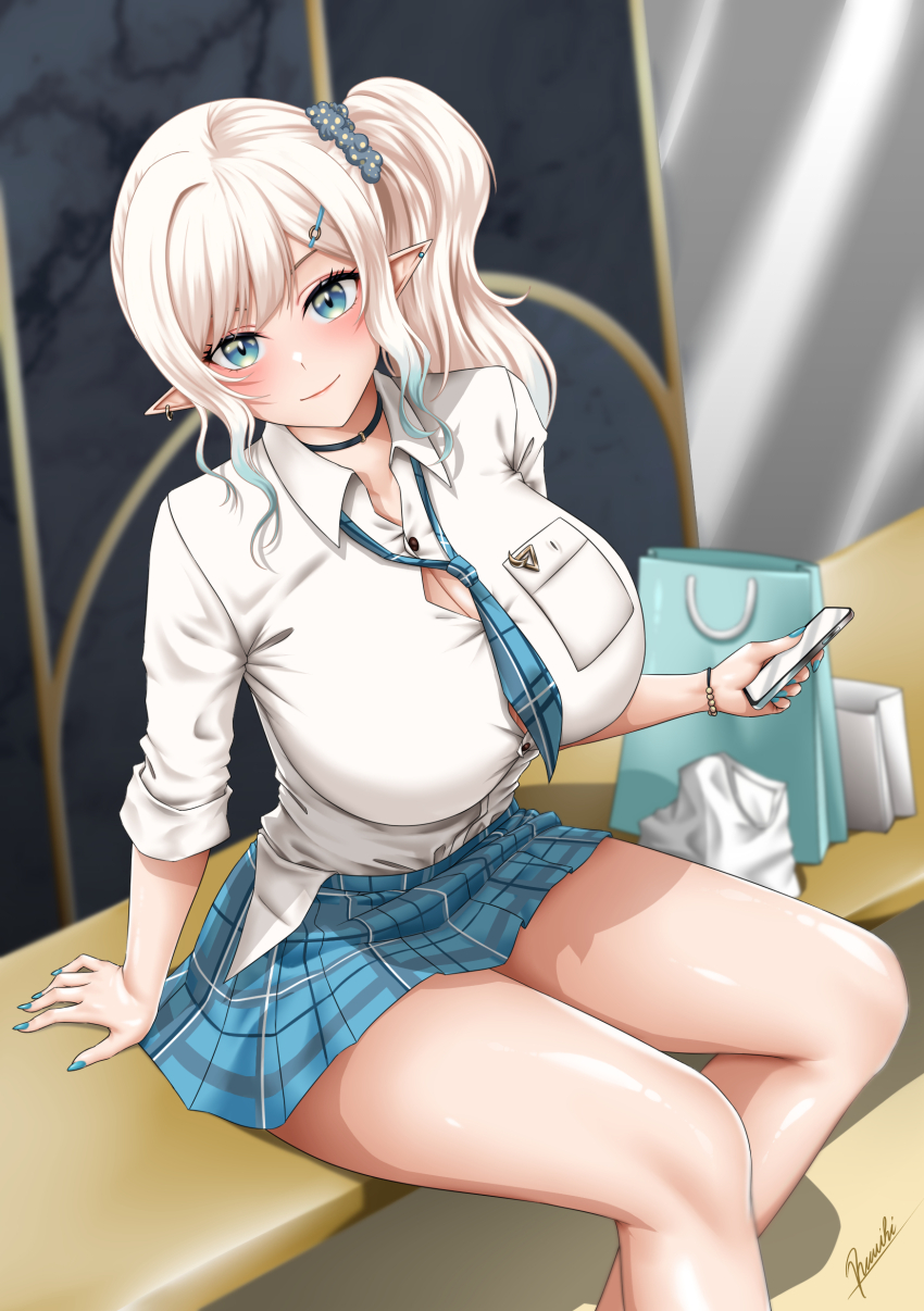 1girl absurdres black_choker blue_eyes blue_nails breasts choker cleavage commission hair_ornament highres hikanari_hina holding holding_phone large_breasts long_hair looking_at_viewer loose_necktie necktie phase_connect phone pixiv_commission pleated_skirt pointy_ears ramiki_(ramesgoag) shirt side_ponytail signature sitting skirt solo virtual_youtuber white_hair white_shirt