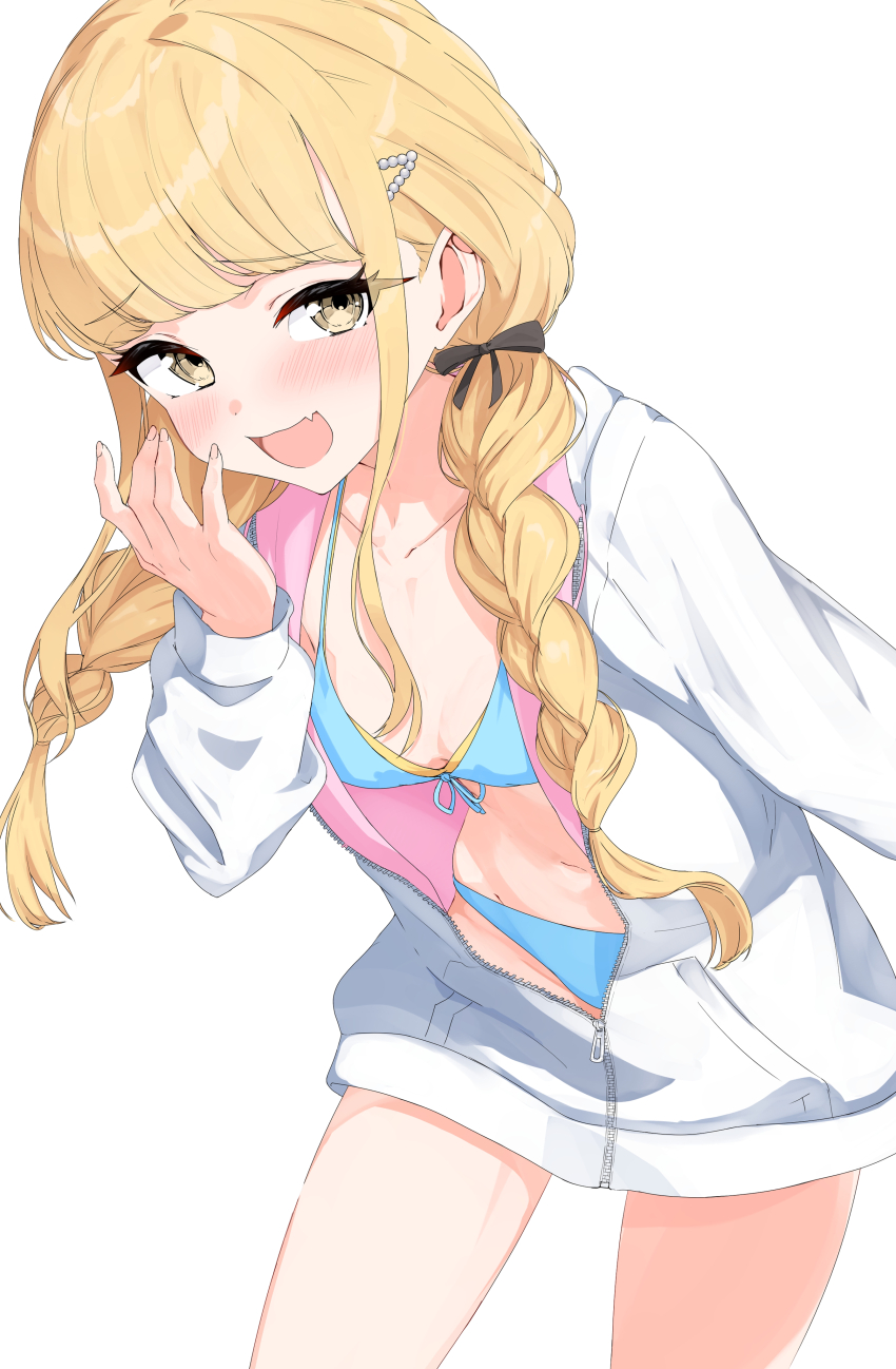 1girl absurdres bikini bikini_under_clothes blonde_hair blue_bikini blush braid breasts collarbone commentary_request fang fujita_kotone gakuen_idolmaster hair_ribbon highres idolmaster isocha jacket jacket_over_swimsuit kimi_to_semi_blue_(idolmaster) long_hair looking_at_viewer medium_breasts navel partially_unzipped ribbon simple_background skin_fang smile solo stomach swimsuit twin_braids two-sided_fabric two-sided_jacket white_background white_jacket yellow_eyes