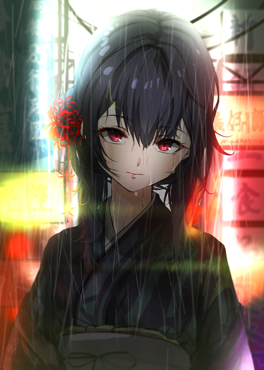 1girl :| absurdres black_hair blue_kimono city_lights closed_mouth film_grain flower hair_between_eyes hair_flower hair_ornament highres idolmaster idolmaster_shiny_colors japanese_clothes kimono looking_at_viewer medium_hair morino_rinze o_shiki obi obiage obijime rain red_eyes red_flower sash solo upper_body urban wet wet_hair