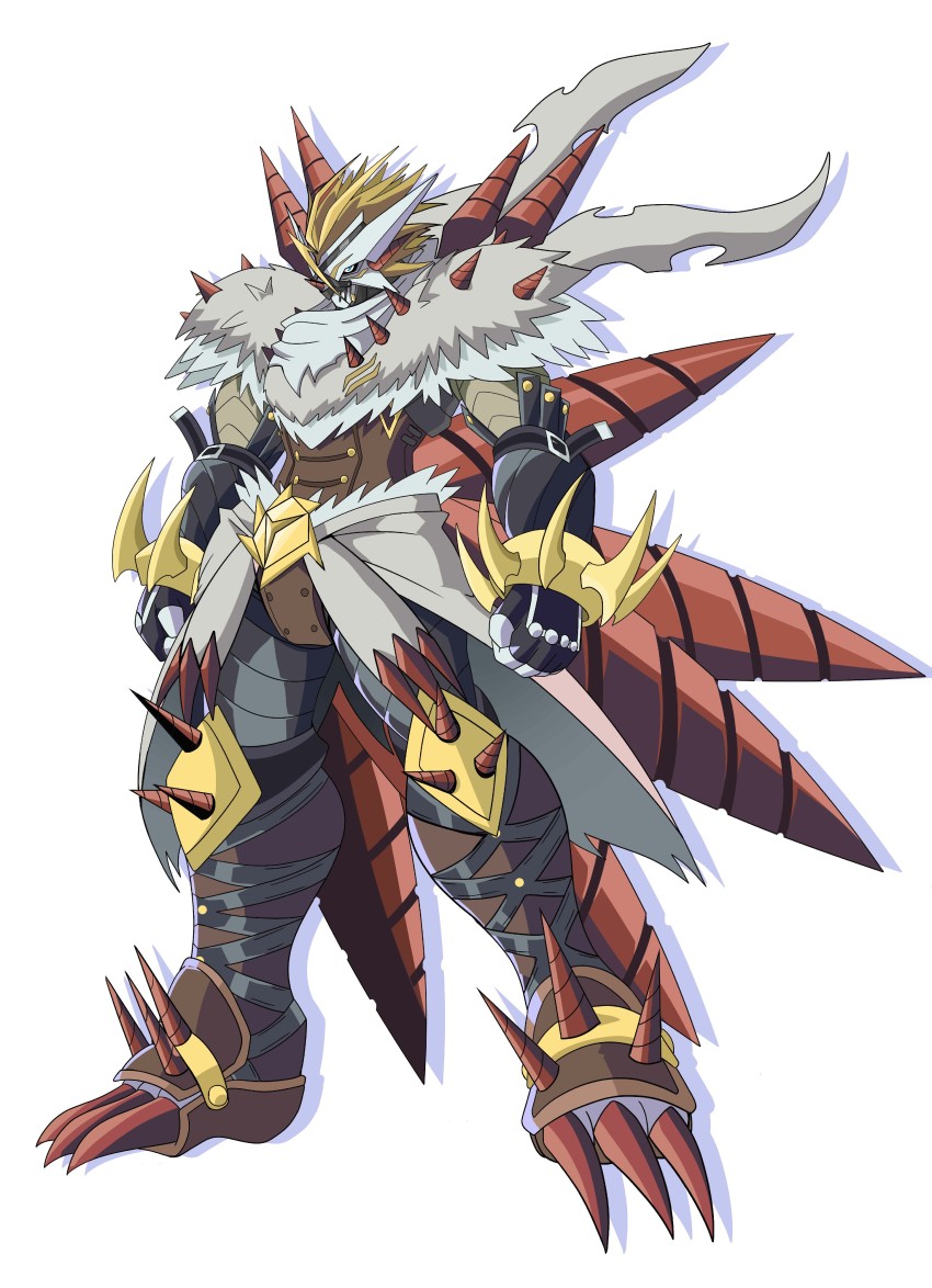 1boy absurdres bandages black_gloves blonde_hair character_request claws clenched_hands digimon digimon_(creature) fingerless_gloves fur_trim gloves helmet highres horns looking_at_viewer ph6xeivbgpimggg rasenmon simple_background solo standing white_background