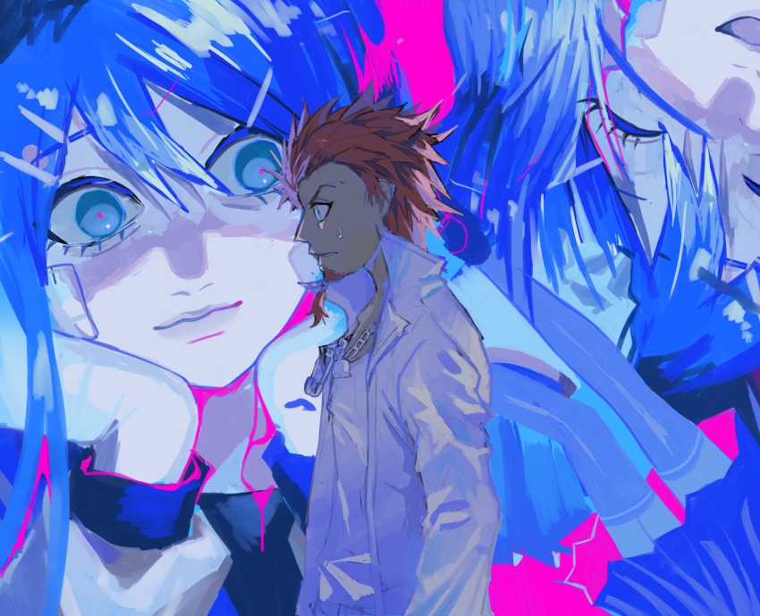 1boy 1girl :d blue_hair closed_eyes closed_mouth danganronpa:_trigger_happy_havoc danganronpa_(series) facial_hair from_side goatee head_rest heruta_(hrteua) highres jacket jewelry kuwata_leon long_hair long_sleeves looking_at_another maizono_sayaka multiple_views necklace open_clothes open_jacket open_mouth orange_hair parted_lips pink_background pleated_skirt profile shirt skirt smile spiked_hair sweatdrop thighhighs white_jacket white_shirt