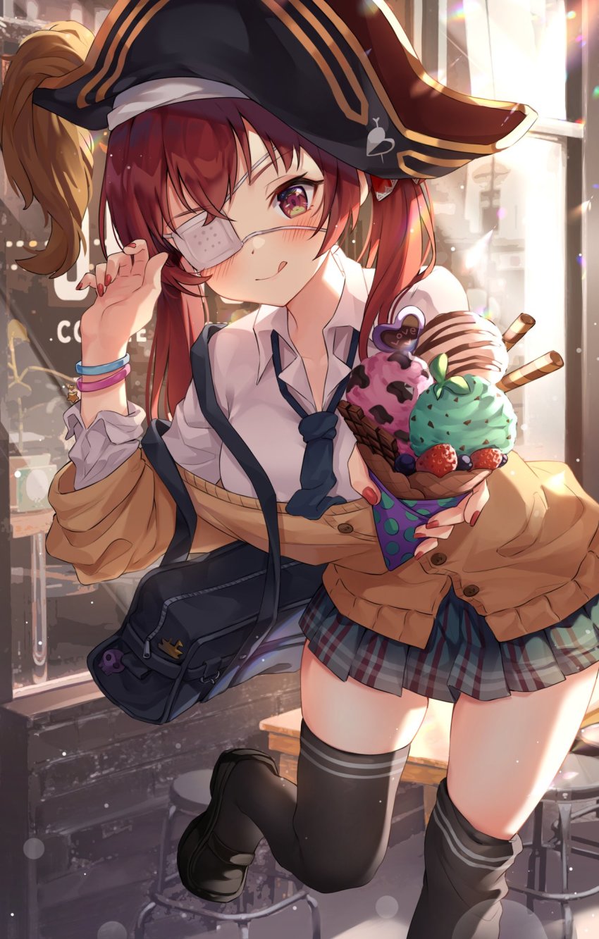 alternate_costume bag blush breasts chair eyepatch fingernails food hat highres hololive houshou_marine ice_cream leg_up looking_at_viewer necktie one_eye_closed pirate_hat pruding reaching reaching_towards_viewer red_hair school_uniform solo table thighhighs virtual_youtuber