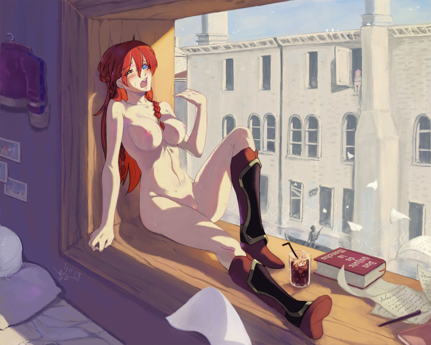 1girl against_wall blue_eyes blush boots braid breasts cleft_of_venus collarbone crown_braid earrings full_body half-closed_eyes highres jewelry knee_boots large_breasts leaning_back leg_lift long_hair looking_at_viewer nipples nude one_eye_closed open_mouth pussy re:creators red_hair selesia_upitiria sitting solo_focus stud_earrings sweat teeth twin_braids upper_teeth_only