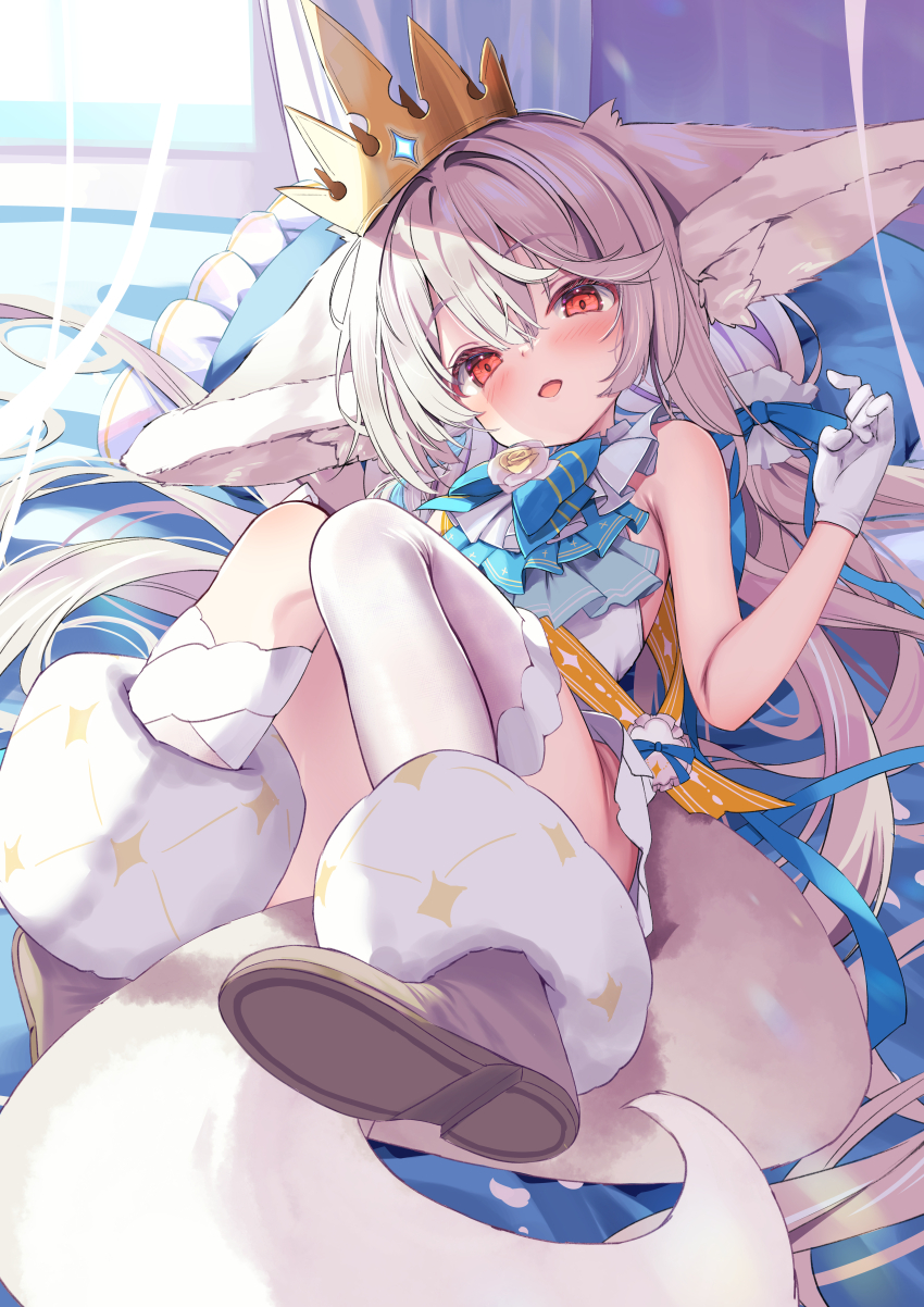 1girl absurdres animal_ear_fluff animal_ears ascot ass asymmetrical_legwear bare_arms bare_shoulders blue_bow blue_bowtie blue_eyes blue_ribbon blush bow bowtie crown dress feet flower fox_ears fox_girl fox_tail frilled_skirt frilled_vest frills full_body gem gloves grey_hair hair_between_eyes hair_bow hair_ornament hair_ribbon hair_scrunchie high_collar highres indoors large_ears large_tail long_hair looking_at_viewer low_twintails lying nyahu_(nyahu_77) on_back open_mouth original red_eyes ribbon rose sakurada_shiro_(hy_plus) sakurada_shiro_(royal_lite)_(hy_plus) sash scrunchie shoes shoulder_sash single_bare_leg single_sock skirt sleeveless sleeveless_dress smile socks solo tail thighhighs thighs toes twintails uneven_legwear very_long_hair vest white_background white_dress white_flower white_gloves white_hair white_rose white_socks white_thighhighs white_unitard window zettai_ryouiki