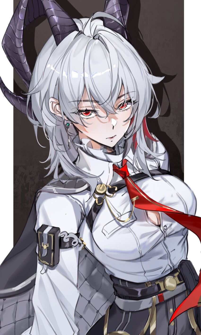 1girl ahoge arm_pouch belt belt_buckle black_cape black_horns black_pants border breasts buckle button_gap cape chest_harness cleavage collar collared_shirt earrings frilled_collar frills gradient_background hair_between_eyes harness highres horns jewelry key_earrings large_breasts long_hair mihan_(mihan_art) necktie pants quilted_clothes red_eyes red_necktie shirt solo white_border white_hair white_shirt wuthering_waves zani_(wuthering_waves)