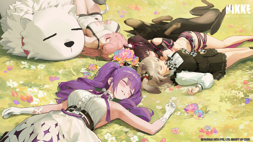 4girls absurdres animal animal_ears biscuit_(nikke) cat_ears cat_girl closed_mouth commentary day dobermann dog_ears dog_girl dress english_commentary flora_(nikke) flower goddess_of_victory:_nikke highres leona_(nikke) lion lion_ears lion_girl long_hair long_sleeves lying max_(nikke) multiple_girls nero_(nikke) official_art on_grass on_ground on_side outdoors pink_hair purple_hair second-party_source sleeping sleeveless sleeveless_dress smile timi_(nikke) white_dress