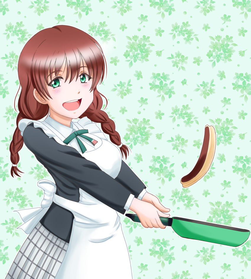 1girl apron aqua_eyes artist_name artist_request back_bow beniya_factory black_cardigan black_jacket blue_eyes blush bow braid breasts brown_hair buttons cardigan checkered_clothes checkered_skirt collared_shirt emma_verde female_focus food freckles green_neckwear green_ribbon hair_between_eyes highres holding_pan jacket key1_(beniya_factory) key1_(katou_kiichi) long_hair long_sleeves looking_at_viewer love_live! love_live!_nijigasaki_high_school_idol_club medium_breasts miniskirt nijigasaki_school_uniform pan pancake parted_lips plaid_clothes plaid_skirt pleated_skirt red_hair ribbon school_uniform shirt short_hair skirt smile solo twin_braids twintails white_apron white_bow white_shirt white_skirt