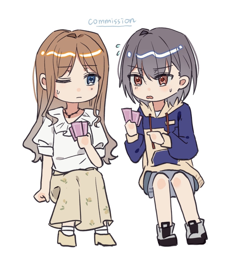 2girls bang_dream! bang_dream!_it&#039;s_mygo!!!!! blue_eyes blue_hoodie blue_shorts blush brown_eyes brown_hair brown_skirt card chibi chinese_commentary closed_mouth collarbone commentary_request commission english_text full_body grey_hair highres holding holding_card hood hood_down hoodie invisible_chair jewelry long_hair long_sleeves multiple_girls nagasaki_soyo necklace one_eye_closed open_mouth puffy_short_sleeves puffy_sleeves shirt short_hair short_sleeves shorts sidelocks simple_background sitting skirt sweatdrop takamatsu_tomori ushio0104 wavy_mouth white_background white_shirt