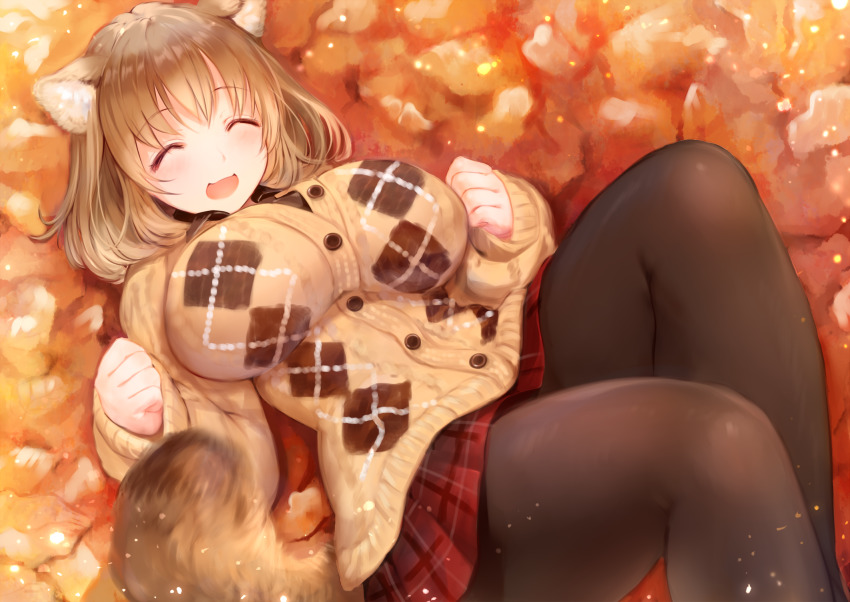 1girl :d ^_^ animal_ears autumn_leaves blush breasts brown_cardigan brown_hair brown_pantyhose buttons cardigan closed_eyes highres large_breasts leaf long_sleeves lying miniskirt on_back open_mouth orange_theme original pantyhose plaid_clothes plaid_skirt red_skirt short_hair skirt smile solo sukemyon tail