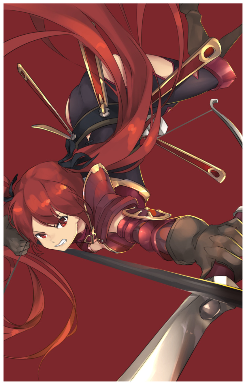 1girl aiming alternate_costume armor arrow_(projectile) bow_(weapon) fire_emblem fire_emblem_fates gloves highres holding holding_bow_(weapon) holding_weapon leather leather_gloves long_hair looking_at_viewer nintendo pauldrons red_eyes red_hair selena_(fire_emblem_fates) shoulder_armor siegzeonu single_pauldron twintails twintails_day weapon