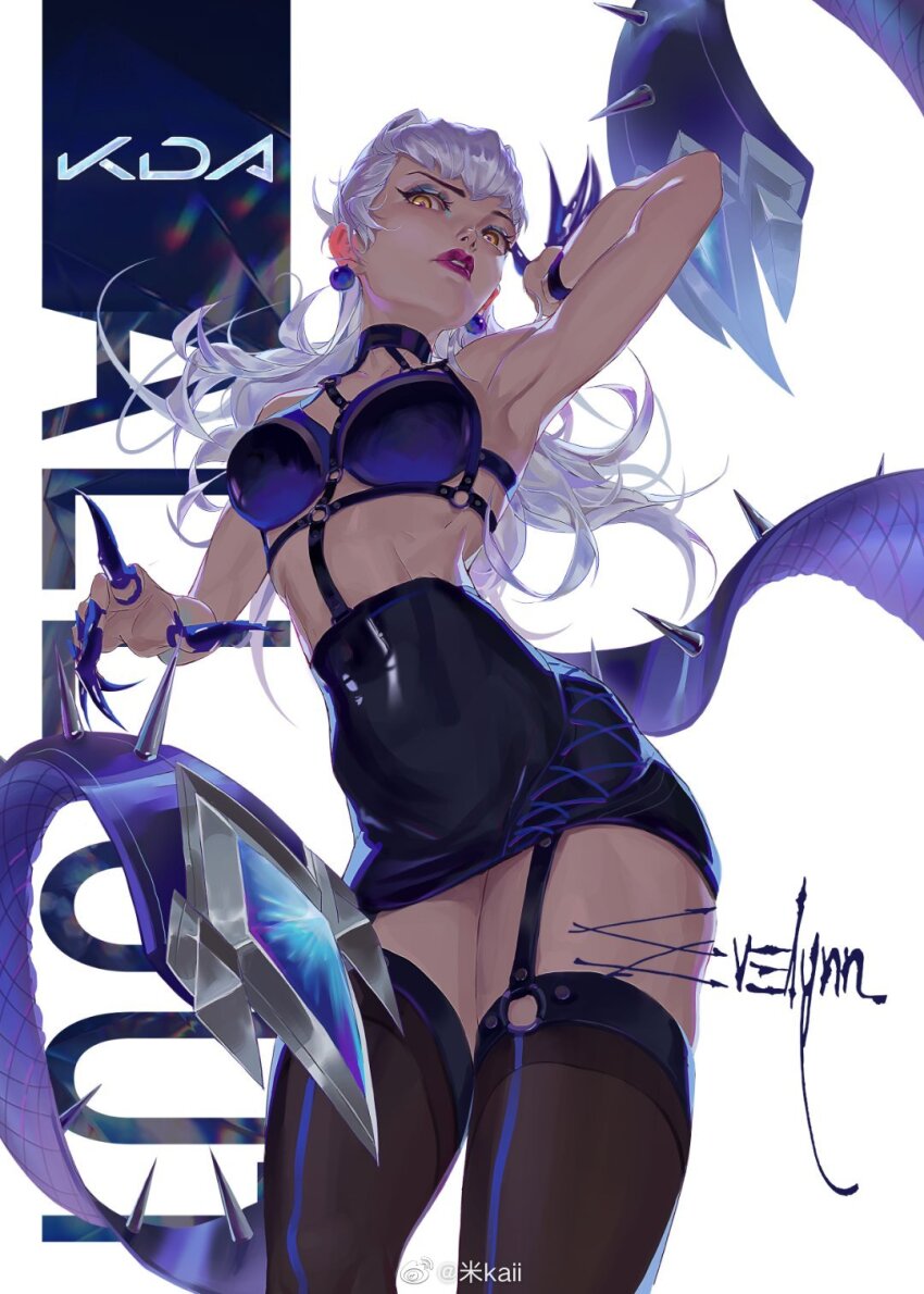 1girl black_garter_straps black_skirt black_thighhighs breasts claw_(weapon) demon_girl evelynn_(league_of_legends) garter_straps highres k/da_all_out_evelynn lashers league_of_legends looking_down medium_breasts o-ring parted_lips skirt solo thighhighs weapon weibo_2504458217 white_hair yellow_eyes