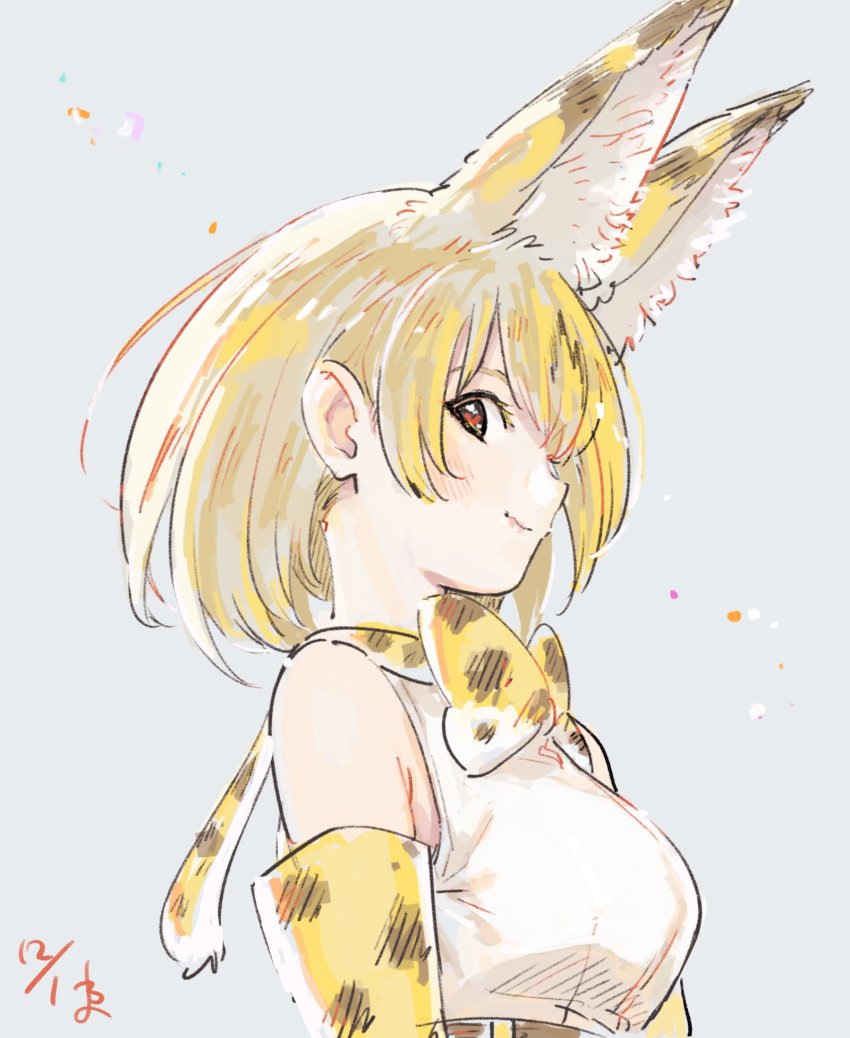 1girl animal_ears blush bow bowtie breasts closed_mouth elbow_gloves extra_ears from_side gloves heart heart-shaped_pupils highres kemono_friends lips looking_at_viewer medium_breasts orange_bow orange_bowtie orange_gloves orange_hair serval_(kemono_friends) short_hair smile solo symbol-shaped_pupils tail traditional_bowtie upper_body wamawmwm