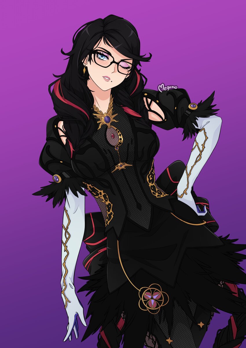 1girl absurdres bayonetta bayonetta_(series) bayonetta_3 black_hair braid braided_twintails elbow_gloves eyeshadow feather-trimmed_dress gloves highres long_hair looking_at_viewer makeup megumo mole mole_under_mouth multicolored_hair one_eye_closed puffy_short_sleeves puffy_sleeves purple_background purple_eyeshadow red_hair short_sleeves streaked_hair twin_braids white_gloves