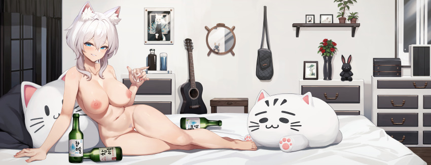 1girl absurdres animal-shaped_pillow animal_ear_fluff animal_ears bag barefoot bed bedroom blue_eyes blush bottle breasts cabinet cat_ears collarbone completely_nude cup daydream_(zhdkffk21) female_pubic_hair flower grin guitar hair_between_eyes handbag highres holding holding_cup indoors instrument large_breasts large_variant_set mirror navel nipples nude on_bed original pillow plant portrait_(object) potted_plant pubic_hair red_flower red_rose rose second-party_source short_hair short_hair_with_long_locks sitting smile solo stuffed_animal stuffed_cat stuffed_rabbit stuffed_toy toes variant_set white_hair