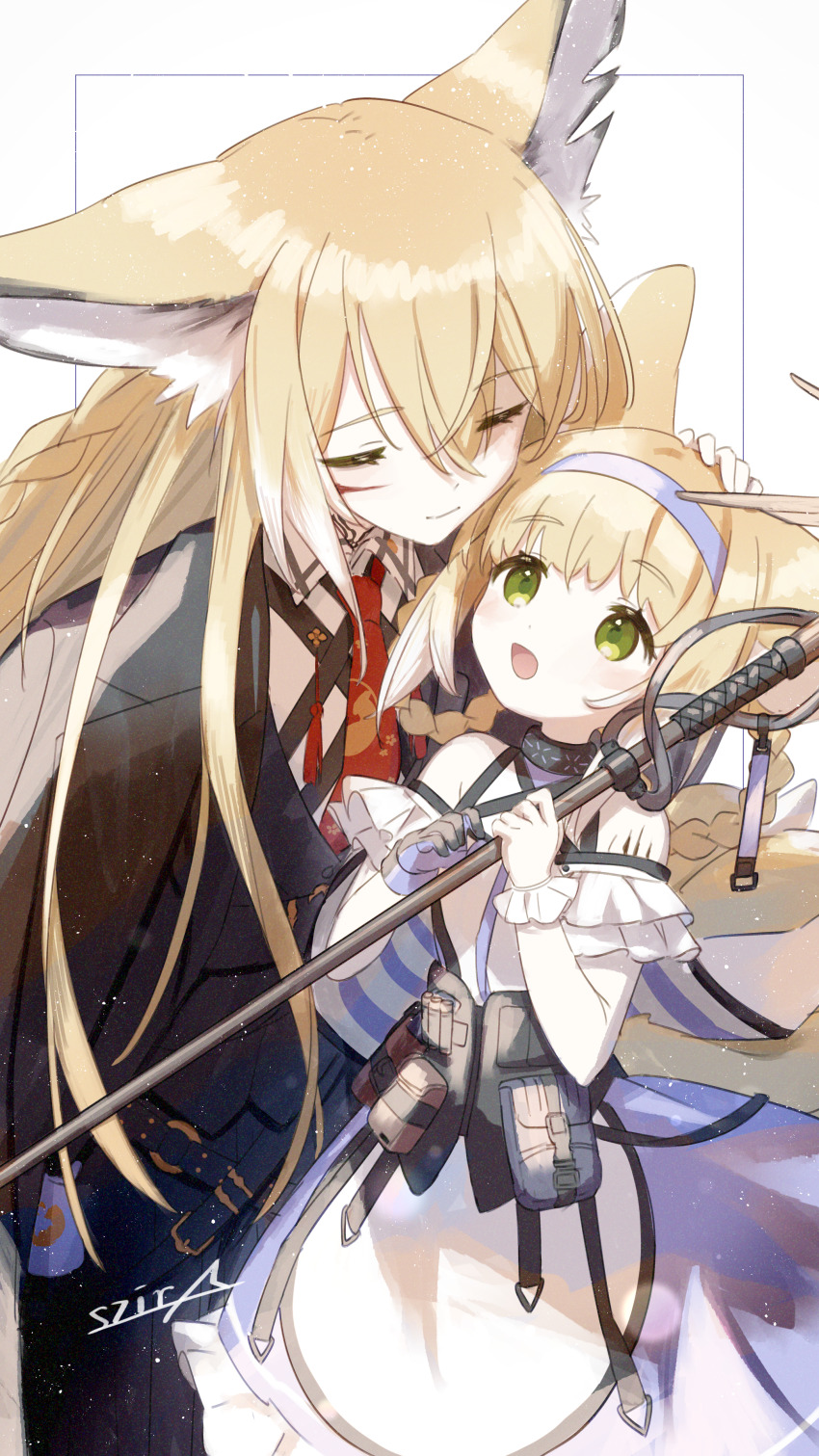 2girls :d absurdres animal_ears arknights bare_shoulders black_coat blonde_hair closed_eyes closed_mouth coat commentary facial_scar green_eyes hair_between_eyes hair_rings hairband hand_on_another&#039;s_head headpat heads_together highres infection_monitor_(arknights) light_particles long_hair material_growth mother_and_daughter multiple_girls necktie omamori open_mouth oripathy_lesion_(arknights) pouch purple_hairband red_necktie scar scar_on_cheek scar_on_face shirt short_hair simple_background smile suzuiro_(chocolatte) suzuran_(arknights) vulpisfoglia_(arknights) white_background white_shirt