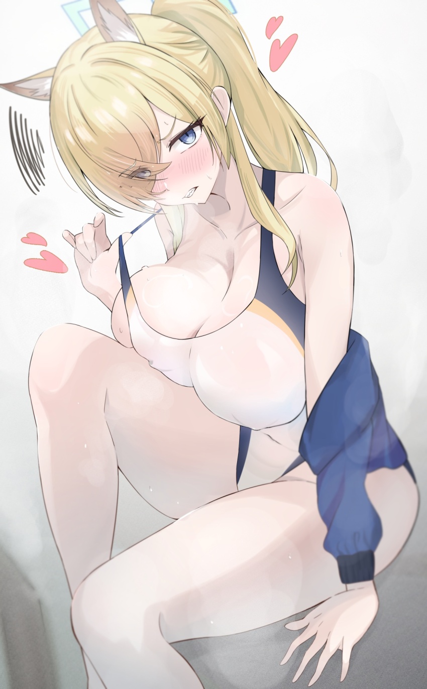 1girl animal_ear_fluff animal_ears blonde_hair blue_archive blue_eyes blush breasts cleavage collarbone commentary covered_erect_nipples covered_navel embarrassed extra_ears hair_over_one_eye halo heart highres kanimiso30601 kanna_(blue_archive) kanna_(swimsuit)_(blue_archive) large_breasts long_hair looking_at_viewer off_shoulder one-piece_swimsuit parted_bangs ponytail sharp_teeth sitting solo strap_pull swimsuit teeth