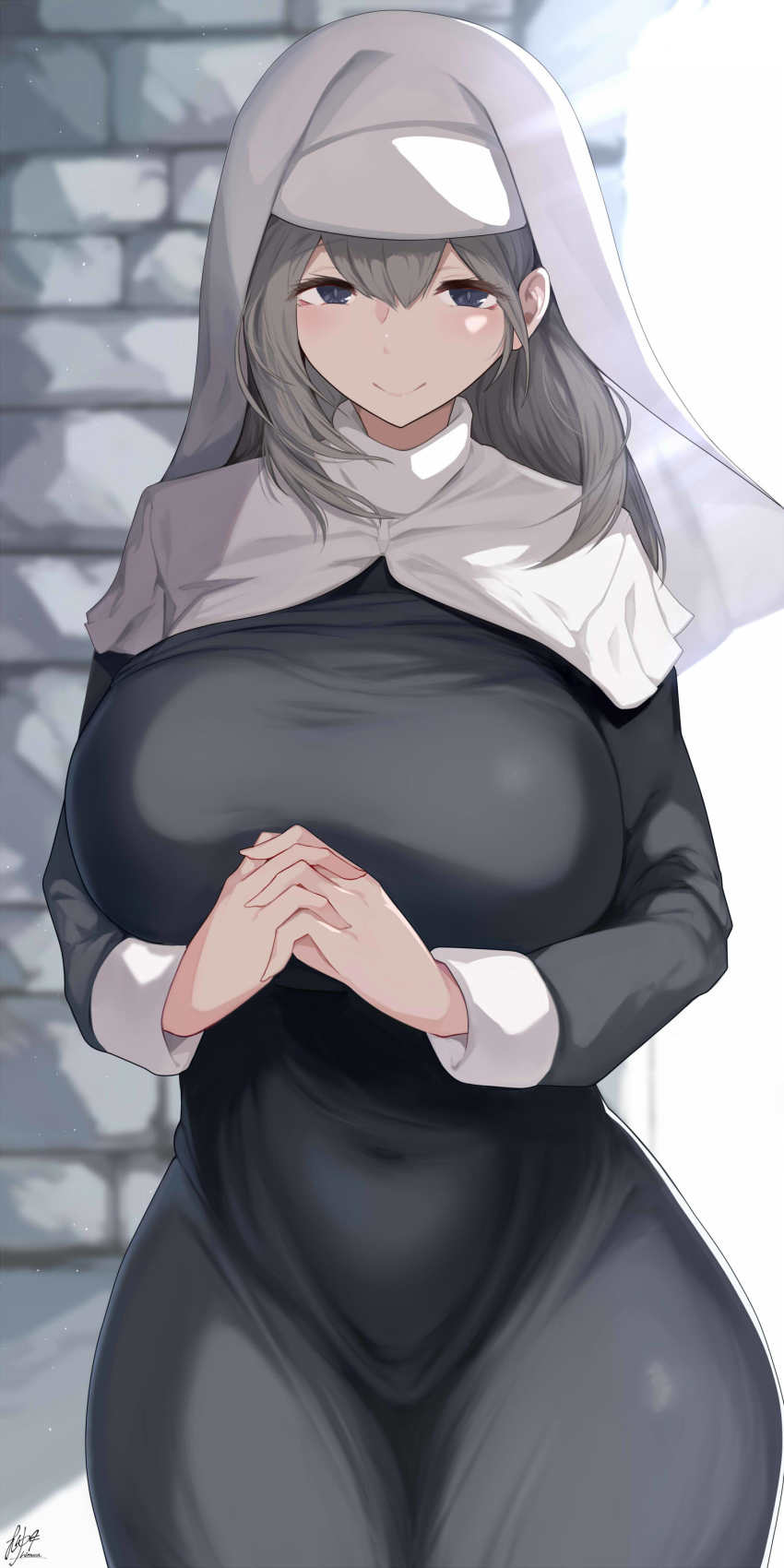 1girl absurdres black_robe blurry blurry_background breasts commentary_request covered_navel cowboy_shot grey_hair habit hair_between_eyes highres huge_breasts interlocked_fingers long_hair looking_at_viewer nun original own_hands_together purple_eyes robe signature smile solo speech_bubble yuzuki_himuka