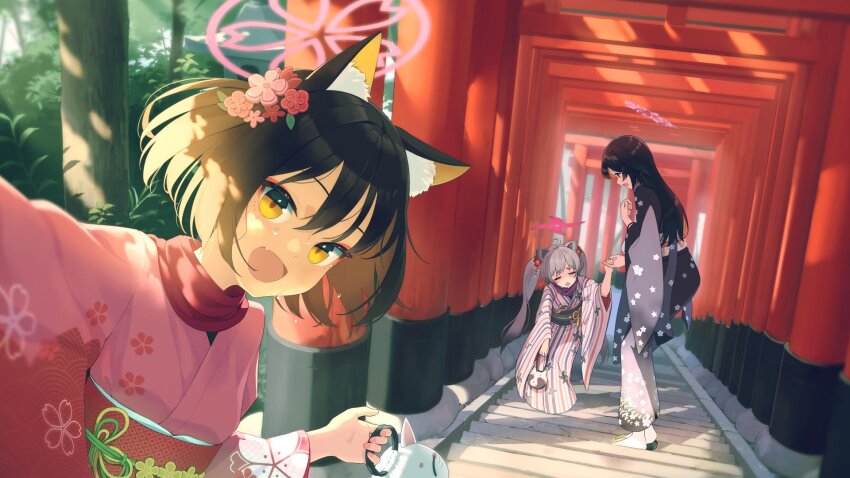 3girls :d alternate_costume animal_ear_fluff animal_ears black_hair black_kimono blue_archive brown_hair closed_eyes day exhausted eyeshadow fang floral_print floral_print_kimono flower fox_ears fox_girl grey_hair hair_flower hair_ornament halo highres holding holding_hands izuna_(blue_archive) japanese_clothes kimono light_rays long_hair looking_at_viewer makeup michiru_(blue_archive) multiple_girls multiple_torii ninjutsu_research_club_(blue_archive) obi open_mouth outdoors pink_halo pink_kimono print_kimono reaching reaching_towards_viewer red_eyeshadow red_scarf sash scarf selfie shadow sidelighting skin_fang smile stairs standing striped_clothes striped_kimono sunbeam sunlight sweat tkmrrr9 torii tree tsukuyo_(blue_archive) twintails vertical-striped_clothes vertical-striped_kimono wide_sleeves yellow_eyes