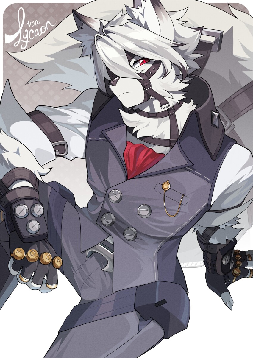 1boy animal_ears artist_name ascot bicep_strap black_gloves black_pants character_name claws closed_eyes colored_tips commentary english_commentary eyepatch fingerless_gloves furry furry_male gloves grey_vest highres looking_at_viewer male_focus multicolored_hair pants red_ascot red_eyes shirt sleeves_rolled_up tail tail_belt vest von_lycaon wendrousart white_shirt wolf_boy wolf_ears wolf_tail zenless_zone_zero