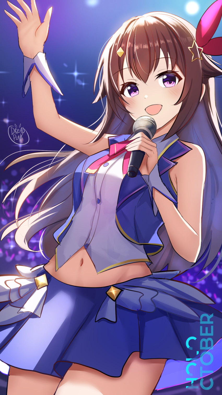 1girl arm_up audience blue_skirt blue_vest bow bowtie breasts brown_hair collared_shirt concert cropped_shirt cropped_vest diamond_hair_ornament dreadpunk hair_flaps hair_ornament hair_ribbon highres holding holding_microphone hololive idol long_hair looking_at_viewer medium_breasts microphone miniskirt navel open_mouth purple_eyes red_bow red_bowtie red_ribbon ribbon shirt signature skirt sleeveless sleeveless_shirt smile solo stage_lights star_(symbol) star_hair_ornament tokino_sora tokino_sora_(1st_costume) vest virtual_youtuber waist_cape white_shirt wrist_cuffs