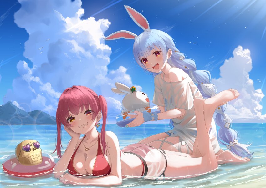 2girls :d absurdres animal_ears bare_legs barefoot beach bikini blue_hair blue_sky blush braid breasts cleavage cloud cloudy_sky collarbone crossed_ankles day dolphin_shorts earrings feet feet_out_of_frame feet_up full_body hair_intakes heterochromia highres holding hololive houshou_marine houshou_marine_(summer) jewelry large_breasts legs long_hair lying multicolored_hair multiple_girls necklace on_ground on_stomach open_mouth orange_eyes outdoors rabbit_ears rabbit_girl red_bikini red_eyes seiza shima46 shirt short_eyebrows short_shorts short_sleeves shorts sidelocks sitting sky smile soles streaked_hair swimsuit the_pose thick_eyebrows thighs toes twin_braids twintails usada_pekora very_long_hair virtual_youtuber wet wet_clothes wet_shirt white_hair white_shorts