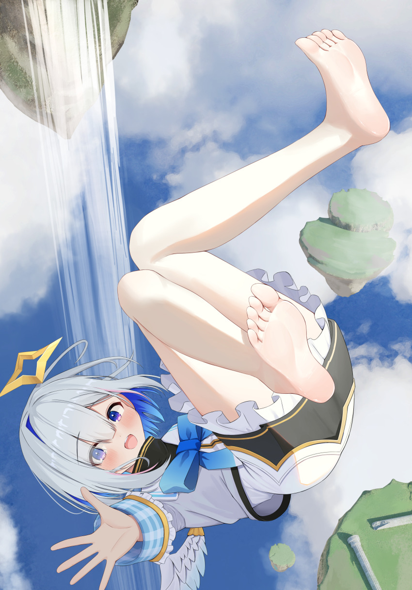 1girl absurdres amane_kanata amane_kanata_(1st_costume) barefoot blush feet gonza3_v grey_hair highres hololive looking_at_viewer medium_hair multicolored_hair open_mouth purple_eyes soles streaked_hair toes virtual_youtuber wings