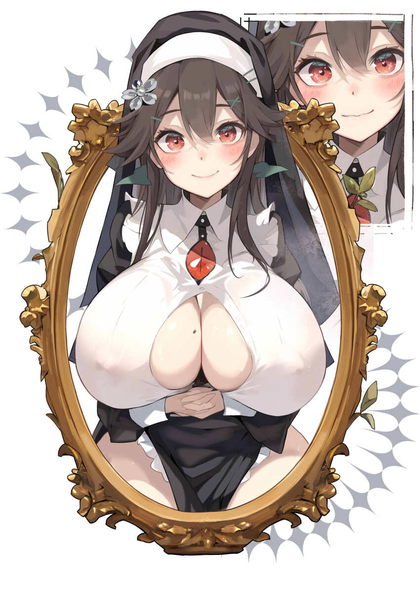 1girl absurdres bare_legs black_dress blush breasts brown_hair closed_mouth covered_navel cowboy_shot dress habit happy highres huge_breasts juliet_sleeves long_hair long_sleeves looking_at_viewer mirror mole mole_on_breast multiple_views nun puffy_sleeves red_eyes reiuji_utsuho side_slit sidelocks smile tetsurou_(fe+) third_eye_on_chest touhou very_long_hair