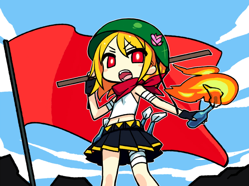 1girl angry bandages bandana blonde_hair blush_stickers bokken bottle chan_co cloud communism day female_focus fire flag gakusei_undou helmet kagamine_rin molotov_cocktail no_nose open_mouth red_eyes shakai_shugi_darling_(vocaloid) short_hair skirt solo standing sword teeth vocaloid weapon wooden_sword