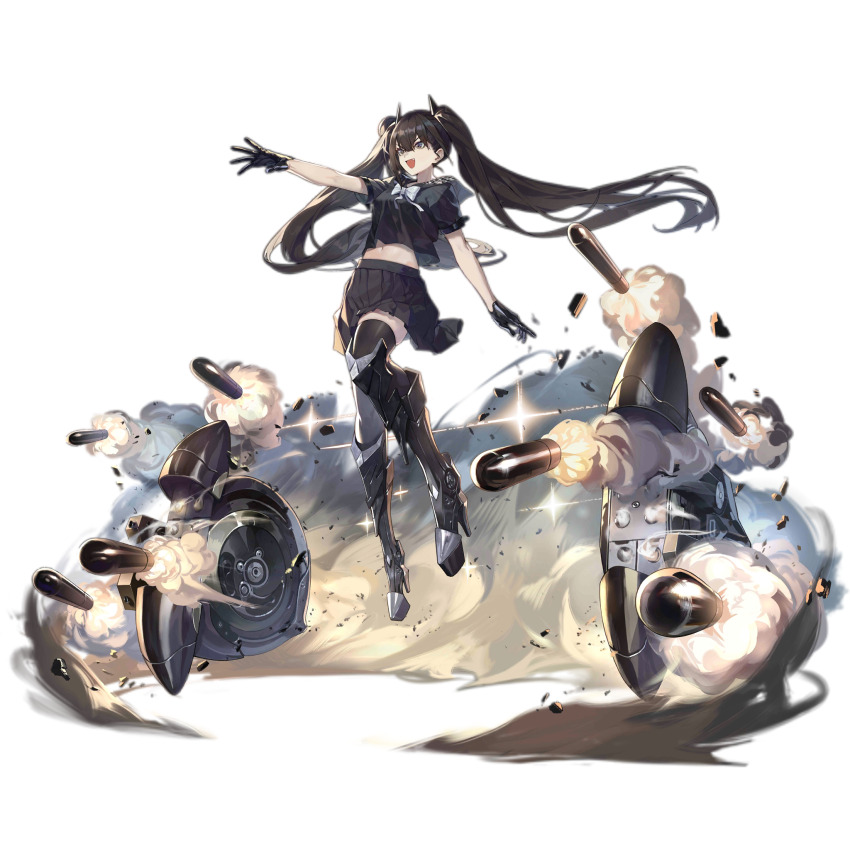 1girl armored_boots black_footwear black_gloves black_hair black_sailor_collar black_serafuku black_shirt black_skirt black_thighhighs boots bow bowtie breasts crop_top fang firing floating floating_hair full_body girls&#039;_frontline gloves hair_bun high_heel_boots high_heels highres horns knee_boots long_hair medium_breasts midriff miniskirt missile navel official_art open_hands open_mouth ouroboros_(girls&#039;_frontline) outstretched_arm platform_boots platform_footwear platform_heels pleated_skirt sailor_collar sangvis_ferri school_uniform serafuku shirt short_sleeves simple_background single_hair_bun skirt smile smoke solo sparkle thighhighs transparent_background twintails v-shaped_eyebrows very_long_hair weapon white_bow white_bowtie xiao_qiang_sang zettai_ryouiki