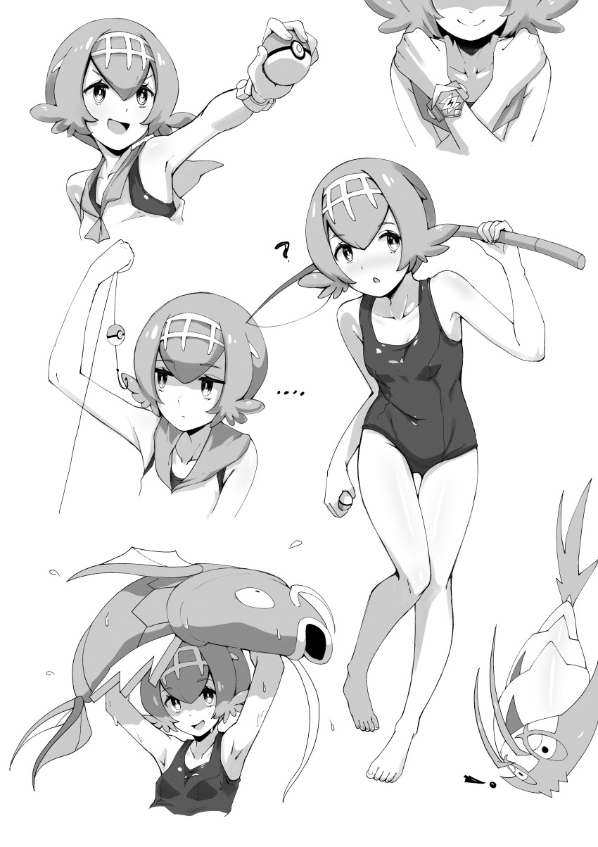 ... 1girl :d :o ? absurdres bracelet breasts bright_pupils commentary creatures_(company) crossed_arms fishing_rod game_freak gen_1_pokemon gen_7_pokemon greyscale hairband highres holding holding_fishing_rod jewelry lana_(pokemon) magikarp monochrome multiple_views nintendo one-piece_swimsuit open_mouth pokemon pokemon_(creature) pokemon_sm sailor_collar shirt short_hair sleeveless sleeveless_shirt smile swimsuit swimsuit_under_clothes tongue valefal_coneri wimpod z-ring