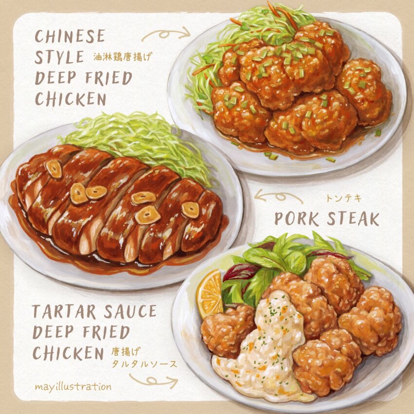 bird chicken chicken_(food) commentary_request english_text food food_focus fried_chicken fruit lemon may_illust5 no_humans original plate pork sauce tartar_sauce translation_request