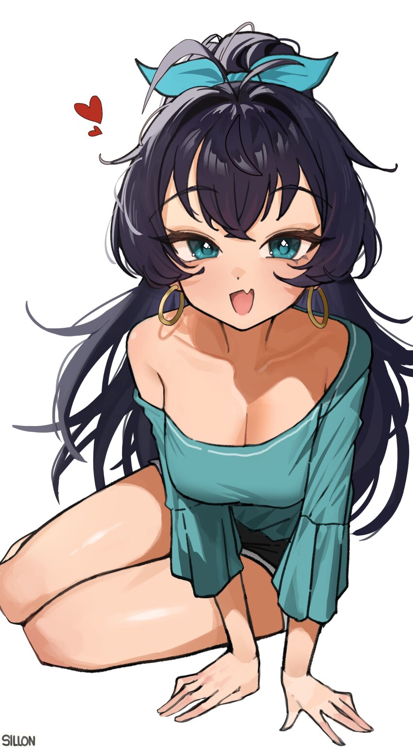 1girl absurdres antenna_hair aqua_eyes aqua_shirt arm_support artist_name bare_legs black_hair black_shorts blush breasts cleavage collarbone earrings fang ganaha_hibiki heart highres hoop_earrings idolmaster idolmaster_(classic) idolmaster_million_live! jewelry long_hair looking_at_viewer medium_breasts ponytail shirt shorts sillon simple_background single_bare_shoulder sitting skin_fang smile solo very_long_hair white_background yokozuwari