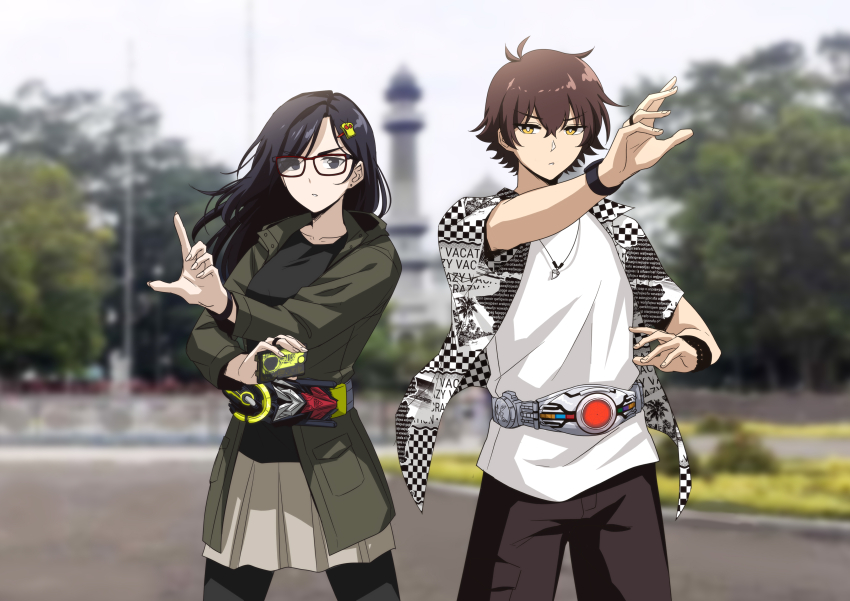 1boy 1girl absurdres black-framed_eyewear black_eyes black_hair black_shirt blurry blurry_background brown_hair brown_pants brown_skirt collarbone collared_shirt commentary couple english_commentary glasses green_jacket hair_between_eyes hair_ornament hairclip harashu_(harashu96) henshin_pose highres holding hood hood_down hooded_jacket jacket jewelry kamen_rider kamen_rider_01_(series) kamen_rider_kuuga_(series) long_hair long_sleeves looking_at_viewer necklace open_clothes open_jacket open_shirt original outdoors pants pantyhose print_shirt progrise_key rider_belt shirt short_hair short_sleeves skirt standing v-shaped_eyebrows white_shirt yellow_eyes