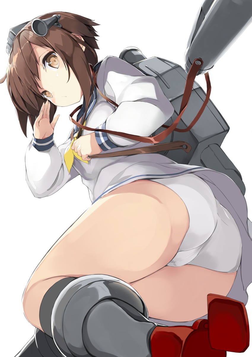 10s 1girl ass brown_eyes brown_hair dress female_focus hair_ornament highres kantai_collection mafu9 panties sailor_dress school_uniform short_hair simple_background solo underwear yukikaze_(kancolle)